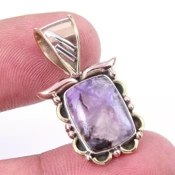 Natural Charoite Gemstone 925 Solid Sterling Silver Two Tone Pendant 1.25 F4P31