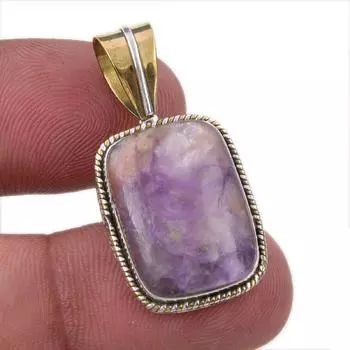 Natural Charoite Gemstone 925 Solid Sterling Silver Two Tone Pendant 1.25 t7q48