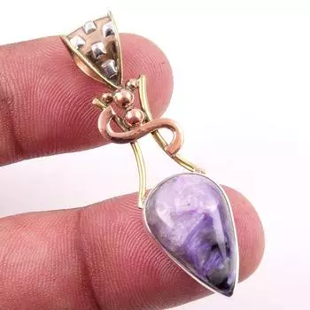 Natural Charoite Gemstone 925 Solid Sterling Silver Two Tone Pendant 1.75 v7K65