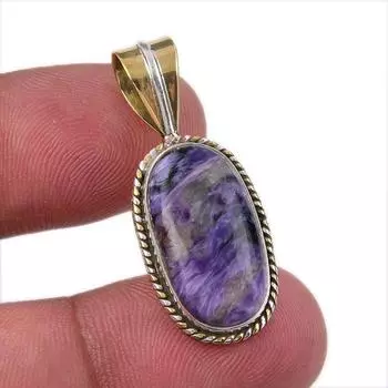 Natural Charoite Gemstone 925 Solid Sterling Silver Two Tone Pendant 1.50 e2R72