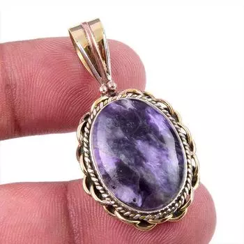 Natural Charoite Gemstone 925 Solid Sterling Silver Two Tone Pendant 1.50 e5g89