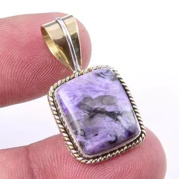 Natural Charoite Gemstone 925 Solid Sterling Silver Two Tone Pendant 1.25 A1v86