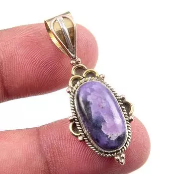 Natural Charoite Gemstone 925 Solid Sterling Silver Two Tone Pendant 1.50 M9r19