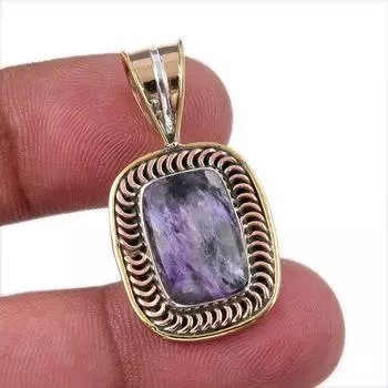 Natural Charoite Gemstone 925 Solid Sterling Silver Two Tone Pendant 1.25 K9f38