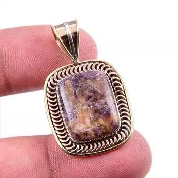 Natural Charoite Gemstone 925 Solid Sterling Silver Two Tone Pendant 1.5 C4W14