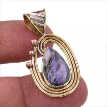 Natural Charoite Gemstone 925 Solid Sterling Silver Two Tone Pendant 1.50 E6U24