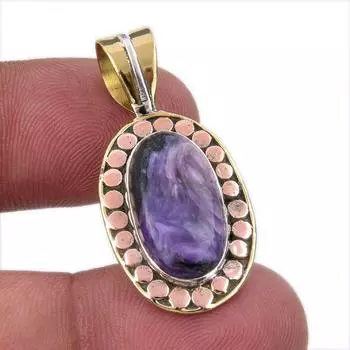 Natural Charoite Gemstone 925 Solid Sterling Silver Two Tone Pendant 1.50 O4Q25