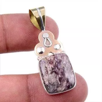 Natural Charoite Gemstone 925 Solid Sterling Silver Two Tone Pendant 1.75 F2i08