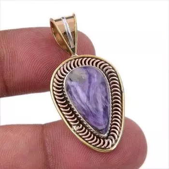 Natural Charoite Gemstone 925 Solid Sterling Silver Two Tone Pendant 1.50 k4k79