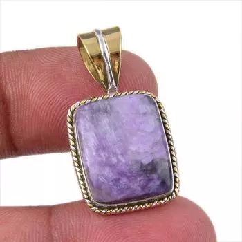 Natural Charoite Gemstone 925 Solid Sterling Silver Two Tone Pendant 1.25 W0R40