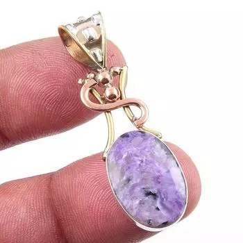 Natural Charoite Gemstone 925 Solid Sterling Silver Two Tone Pendant 1.75 C1H56