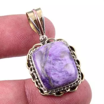 Natural Charoite Gemstone 925 Solid Sterling Silver Two Tone Pendant 1.50 C1A54
