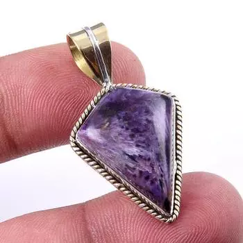 Natural Charoite Gemstone 925 Solid Sterling Silver Two Tone Pendant 1.50 m7B86