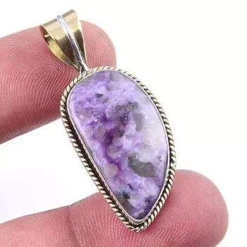 Natural Charoite Gemstone 925 Solid Sterling Silver Two Tone Pendant 1.75 B8I94