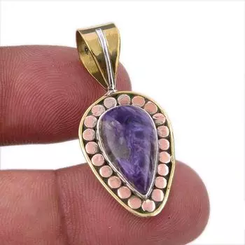 Natural Charoite Gemstone 925 Solid Sterling Silver Two Tone Pendant 1.50 d8Q80
