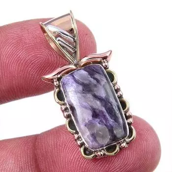 Natural Charoite Gemstone 925 Solid Sterling Silver Two Tone Pendant 1.25 I0n58
