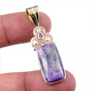 Natural Charoite Gemstone 925 Solid Sterling Silver Two Tone Pendant 1.75 t3z08