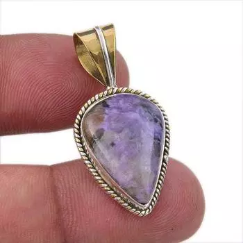 Natural Charoite Gemstone 925 Solid Sterling Silver Two Tone Pendant 1.50 k0B87