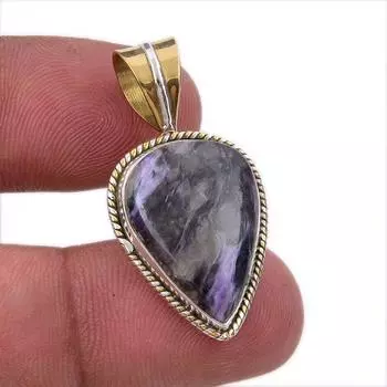 Natural Charoite Gemstone 925 Solid Sterling Silver Two Tone Pendant 1.50 W3P21
