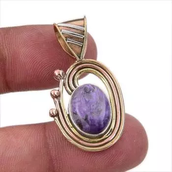 Natural Charoite Gemstone 925 Solid Sterling Silver Two Tone Pendant 1.50 W1K64