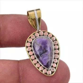 Natural Charoite Gemstone 925 Solid Sterling Silver Two Tone Pendant 1.50 m9V44