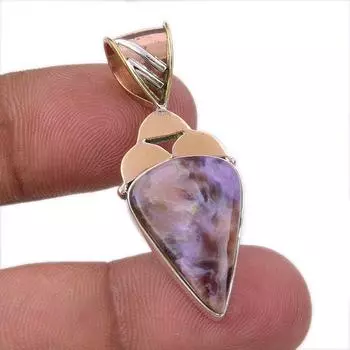 Natural Charoite Gemstone 925 Solid Sterling Silver Two Tone Pendant 1.75 E2W29