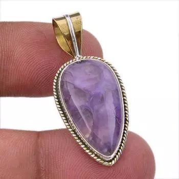 Natural Charoite Gemstone 925 Solid Sterling Silver Two Tone Pendant 1.50 k5r13