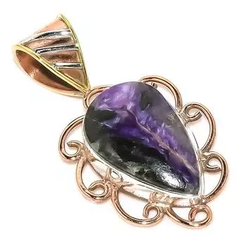 Natural Charoite Gemstone Two Tone 925 Solid Sterling Silver Pendant 1.50 H8r75