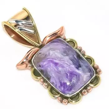 Natural Charoite Gemstone Two Tone 925 Solid Sterling Silver Pendant 1.25 V4Q72