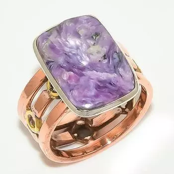 Natural Charoite Gemstone Two Tone 925 Sterling Silver Jewelry Ring S.8.5 w5H92
