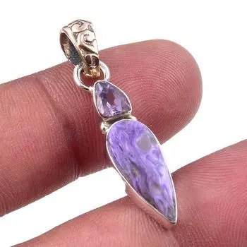 Натуральный чароит, розовый аметист, кулон из стерлингового серебра 925 пробы, 1,50 B4S27