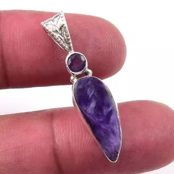 Natural Charoite, Pink Amethyst 925 Solid Sterling Silver Pendant 1.25 B2Z32