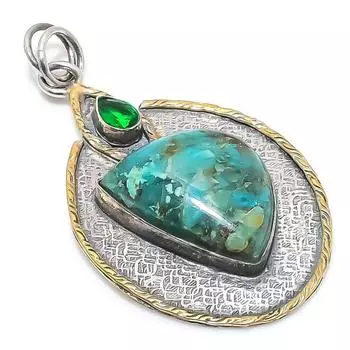 Natural Chrysocolla, Diopside 925 Sterling Silver Two Tone Pendant 2.52 c9n73