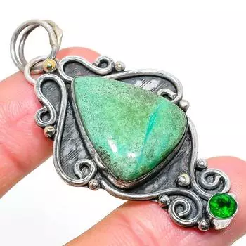 Natural Chrysoprase, Diopside Gemstone 925 Sterling Silver Pendant 2.36 g9L48
