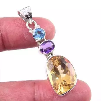 Natural Citrine,African Amethyst Gemstone 925 Solid Silver Pendant 1.75 b6m76