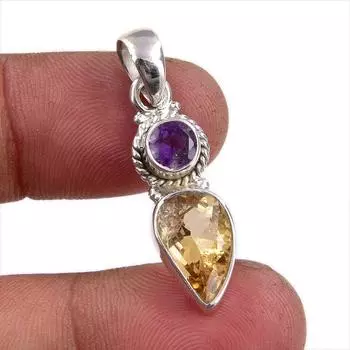 Natural Citrine, Amethyst Gemstone Handmade 925 Solid Silver Pendant 1.25 h5a25