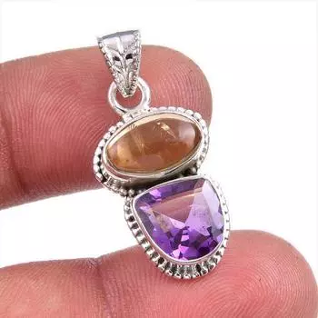 Natural Citrine, Amethyst Gemstone Handmade 925 Solid Silver Pendant 1.50 h5r19