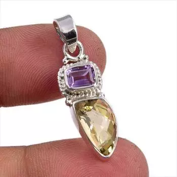 Natural Citrine, Amethyst Gemstone Handmade 925 Solid Silver Pendant 1.25 M8K67
