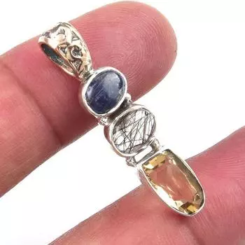 Natural Citrine,Black Rutile 925 Solid Sterling Silver Gift Pendant 1.50 g2u11