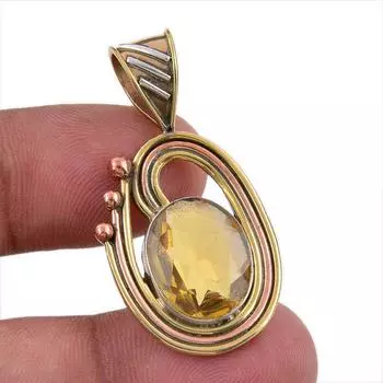 Natural Citrine Gemstone 925 Solid Sterling Silver Two Tone Pendant 1.50 j5o89