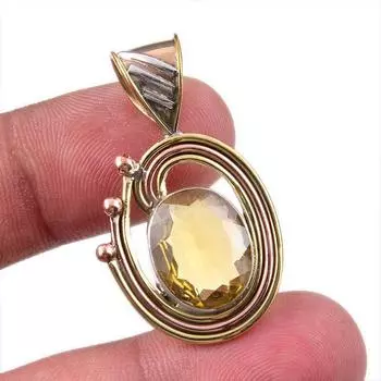 Natural Citrine Gemstone 925 Solid Sterling Silver Two Tone Pendant 1.50 G9y73
