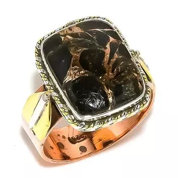 Natural Copper Black Turquoise Two Tone 925 Solid Silver Gift Ring S.10.5 G9W13