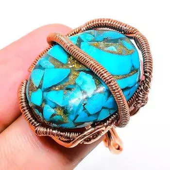 Подарочное кольцо из натуральной медной проволоки с синим бирюзовым камнем и медной проволокой, размер 8 m4L29