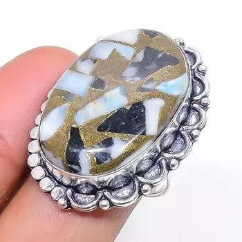 Кольцо из натурального медного ларимара, стерлингового серебра 925 пробы, размер 8 J5w24