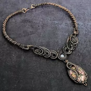 Natural Copper Pink Opal, Moonstone Copper Wire Wrap Jewelry Necklace 18 G3s15