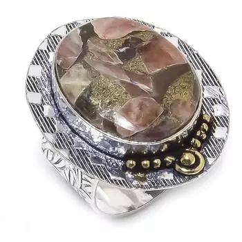 Natural Copper Sunstone Gemstone 925 Sterling Silver Two Tone Ring Size 7.5 y5m18