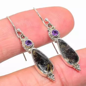 Natural Copper Turquoise,Amethyst 925 Solid Sterling Silver Earring 1.75 W7g13