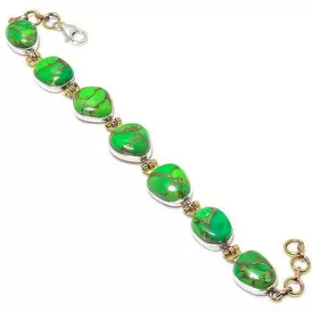 Natural Copper Turquoise Gemstone 925 Sterling Silver TwoTone Bracelet 7-8 f0A28
