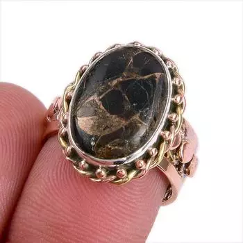 Natural Copper Turquoise Gemstone Two Tone 925 Sterling Silver Ring S.6.5 y8A04