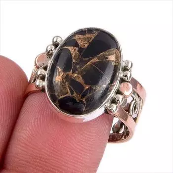 Natural Copper Turquoise Gemstone Two Tone 925 Sterling Silver Ring S.9.5 u9A22